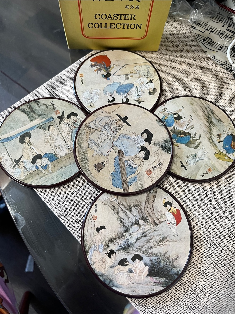 Asian Art Round Drink Coaster Set - Multi-Color Decorative Coasters (Set of 5)